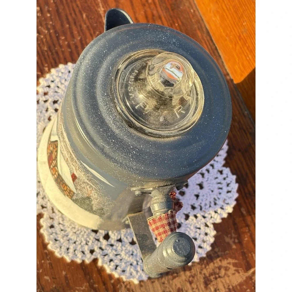 Vtg Light Blue Metal Pyres Coffee Pot Perculator Hand Painted Winter Home Scene